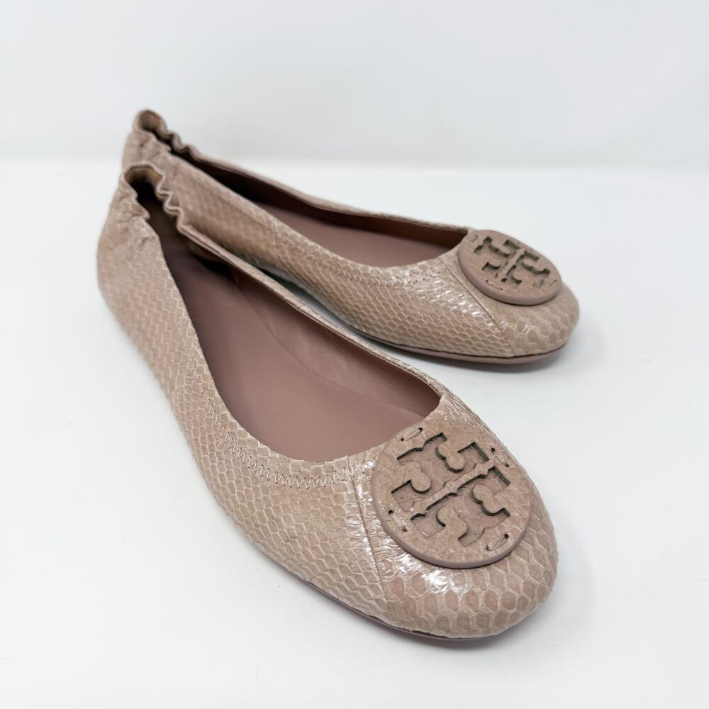 NWOB Tory Burch Blush Pink Snake Print Leather Minnie Flats Size 9 T Logo Detail